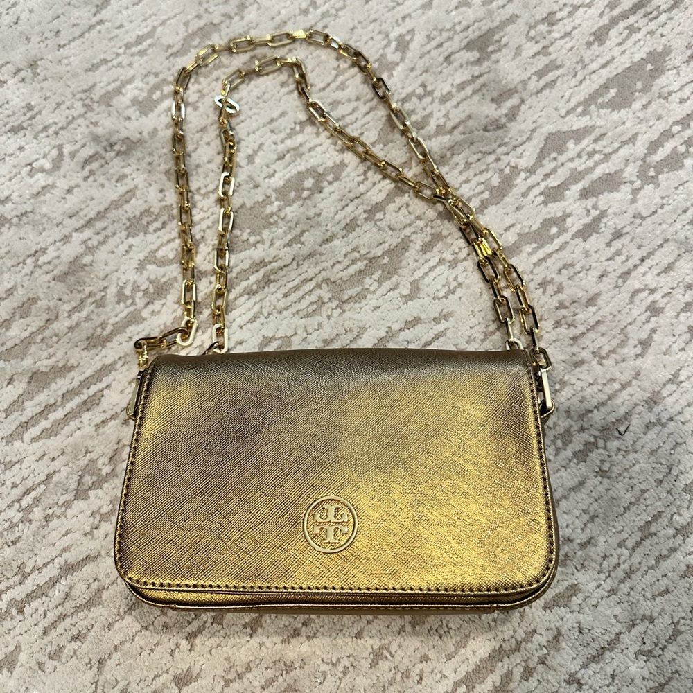 Tory Burch Gold Metallic handbag with Gold Chain
